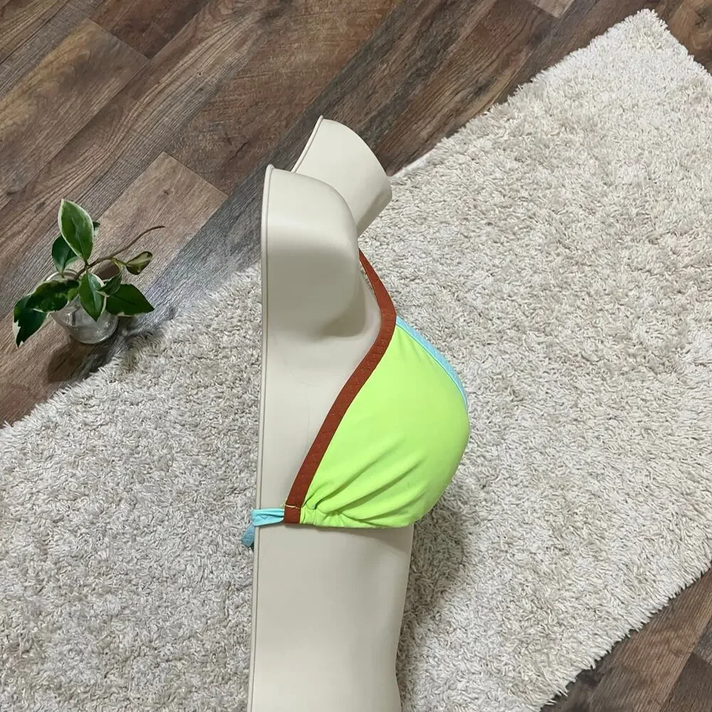 Aerie Large Neon Green Blue Brown Colorblock Padded Triangle Halter Bikini Top